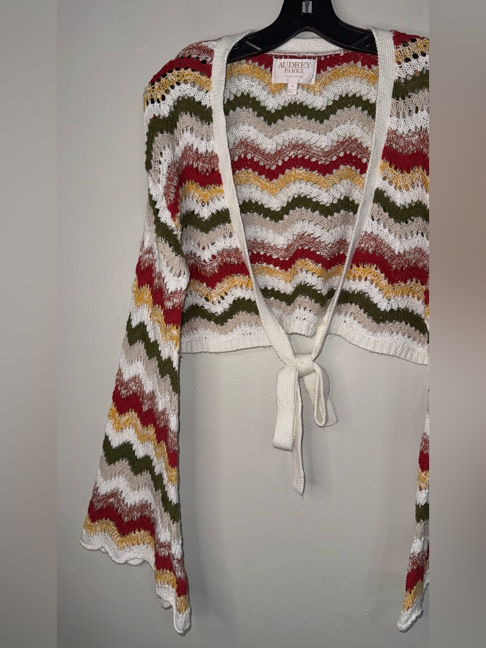 Crochet Tie-Front Cardigan in Cream with Olive, Pink & Gold Chevron - Picture 7 of 12